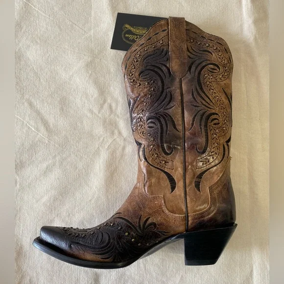 NWT J.B. Dillon Reserve Brown and Black Embroidered Leather Cowboy Boots W11 - Picture 6 of 13